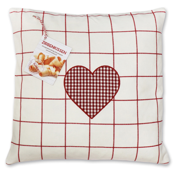 Swiss pine pillow 40x40cm with a heart motive filled with swiss pine shavings 