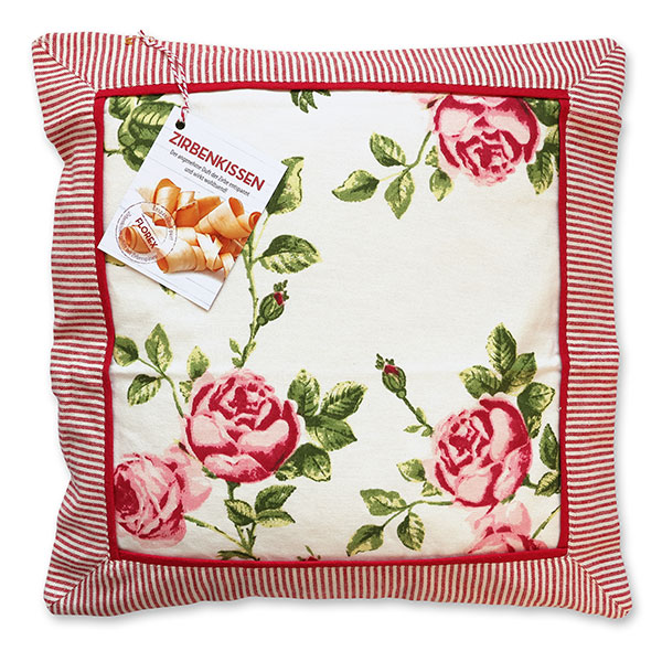 Zirbenpolster 40x40cm weiß mit Rosen und Umrandung befüllt mit Zirbenspänen 