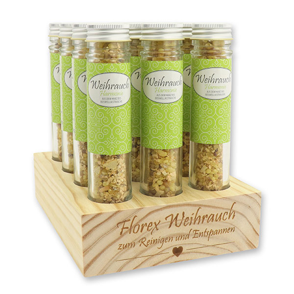 Wooden stand filled with Incense mix 30g in a high glass jar, "Harmonie" 