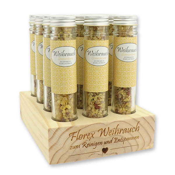 Wooden stand filled with Incense mix 35g in a high glass jar, "Sonnentanz" 