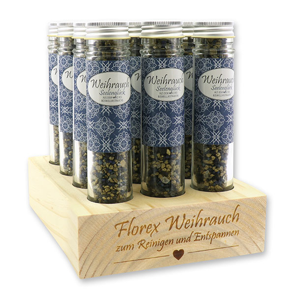 Wooden stand filled with Incense mix 35g in a high glass jar, "Seelenglück" 