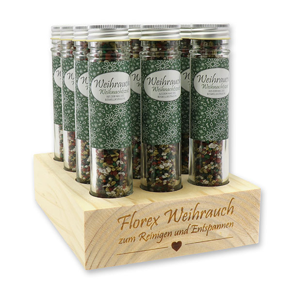 Wooden stand filled with Incense mix 35g in a high glass jar, "Weihnachtszeit" 