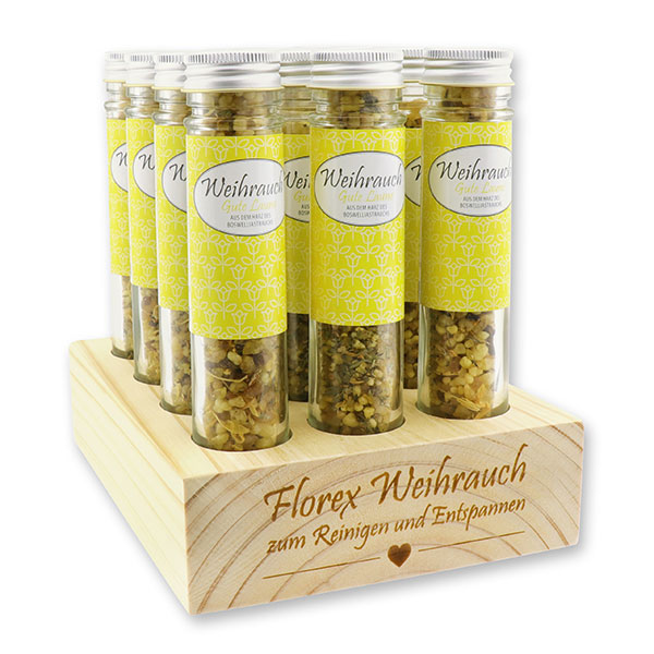 Wooden stand filled with Incense mix 35g in a high glass jar, "Gute Laune" 