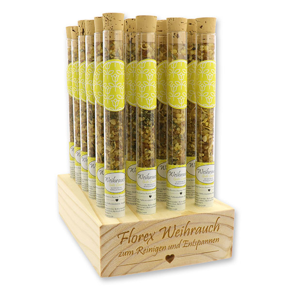 Wooden stand filled with incense mix 18g in a vial, "Gute Laune" 