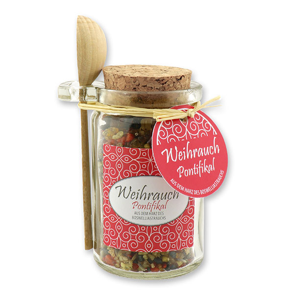 Insence mix 70g in a glass with cork and a wooden spoon decorated, "Pontifikal" 