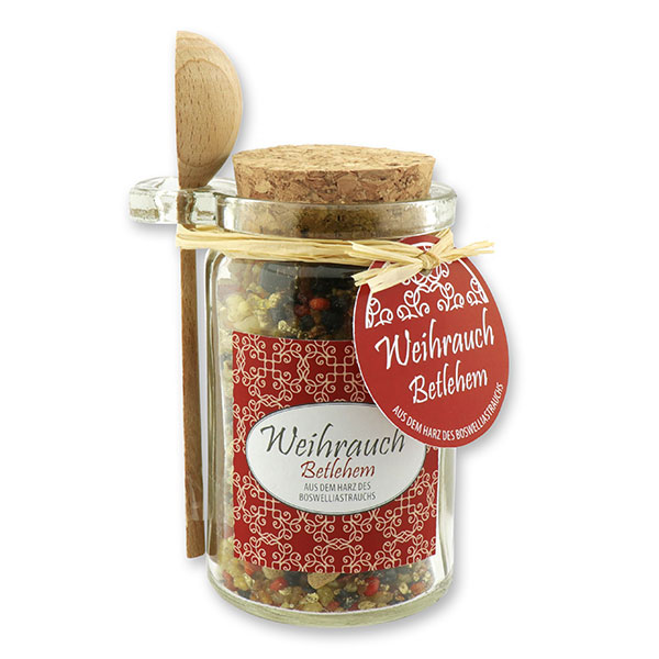 Insence mix 70g in a glass with cork and a wooden spoon decorated, "Betlehem" 