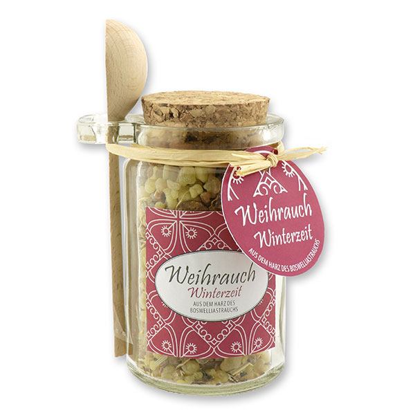 Insence mix 70g in a glass with cork and a wooden spoon decorated, "Winterzeit" 