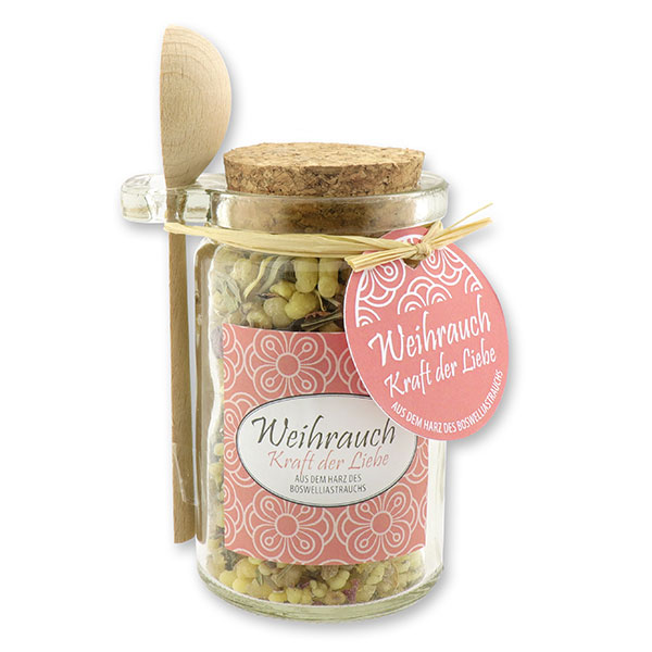 Insence mix 70g in a glass with cork and a wooden spoon decorated, "Kraft der Liebe" 