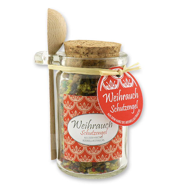 Insence mix 70g in a glass with cork and a wooden spoon decorated, "Schutzengel" 