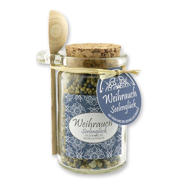 Insence mix 70g in a glass with cork and a wooden spoon decorated, "Seelenglück" 