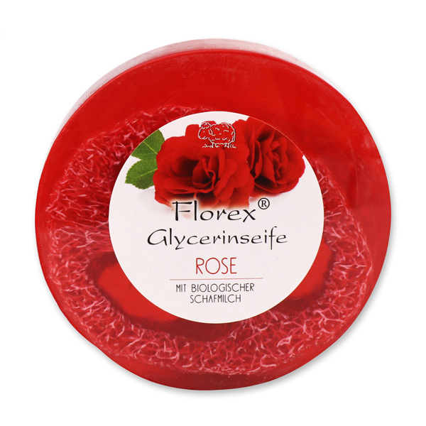 Handmade glycerin-soap with loofah 100g in cello, rose red 