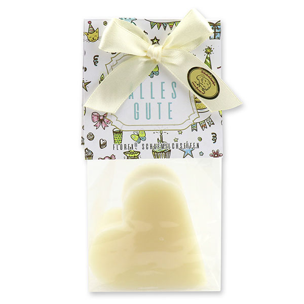 Sheep milk soap heart 85g in a cellophane bag "Alles Gute", Classic 