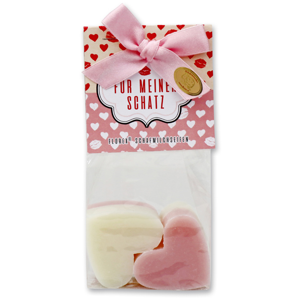 Sheep milk soap heart 4x23g in a cellophane bag "Für meinen Schatz", Classic/Magnolia 