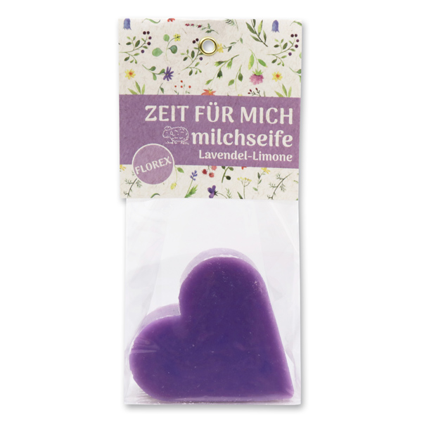 Sheep milk soap heart 85g in a cellophane bag "Zeit für mich", Lavender-Lime 