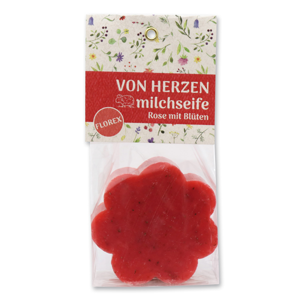 Schafmilchseife Blume 115g in Cello "Von Herzen", Rose mit Blüten 