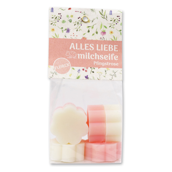 Schafmilchseife Blume mini 6x20g in Cello "Alles Liebe", Classic/Pfingstrose 