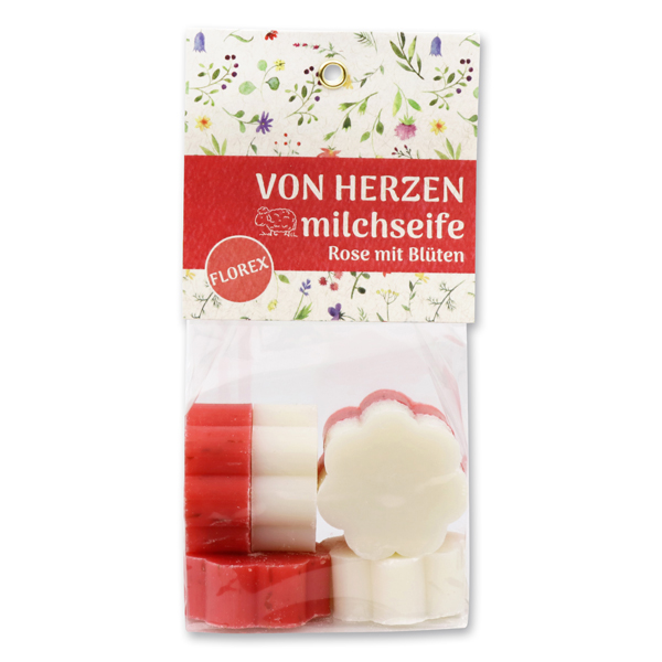 Schafmilchseife Blume mini 6x20g in Cello "Von Herzen", Classic/Rose mit Blüten 