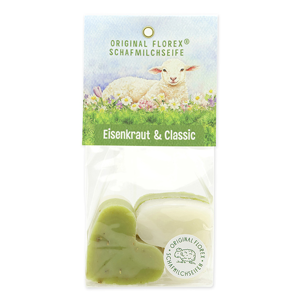 Schafmilchseife Herz mittel 4x23g in Cello "Naturzauber Motiv 1, Classic/Eisenkraut 