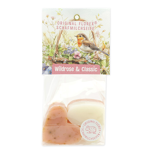 Schafmilchseife Herz mittel 4x23g in Cello "Naturzauber Motiv 11, Classic/Wildrose 