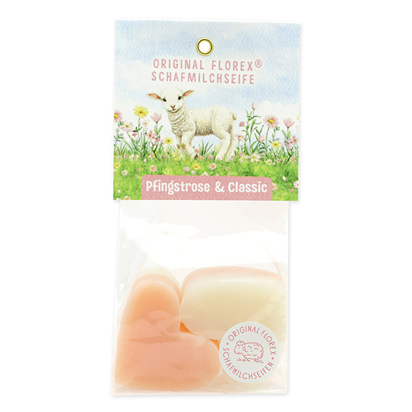 Schafmilchseife Herz mittel 4x23g in Cello "Naturzauber Motiv 6, Classic/Pfingstrose 