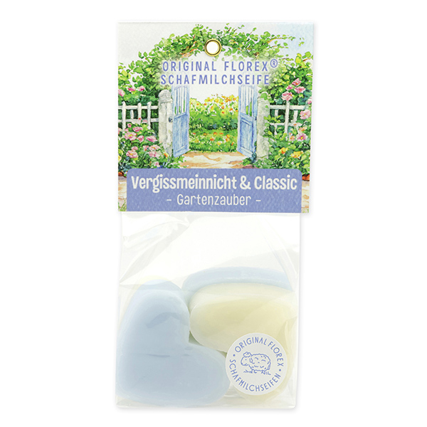 Sheep milk soap heart 4x23g in a cellophane "Charming Garden motif 1", Classic/Forget-me-not 
