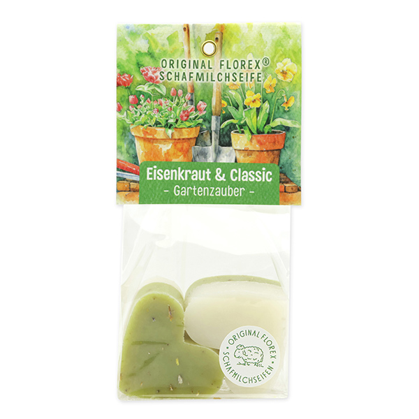 Schafmilchseife Herz mittel 4x23g in Cello "Gartenzauber Motiv 2, Classic/Eisenkraut 