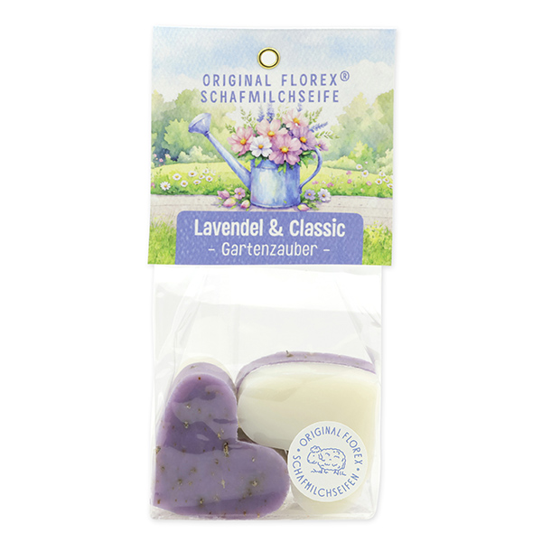 Sheep milk soap heart 4x23g in a cellophane "Charming Garden motif 4", Classic/Lavender 