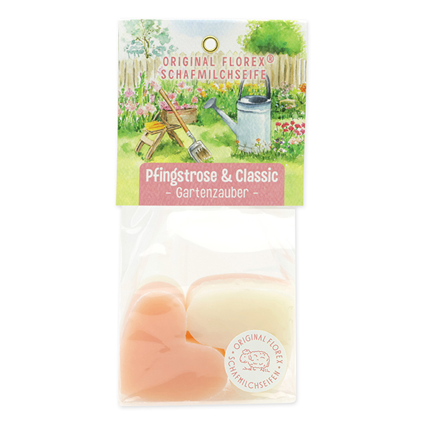 Sheep milk soap heart 4x23g in a cellophane "Charming Garden motif 6", Classic/Peony 