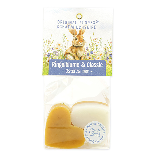 Sheep milk soap heart 4x23g in a cellophane "Charming Easter motif 8", Classic/Marigold 