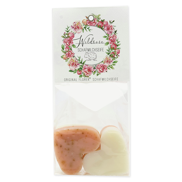 Sheep milk soap heart 4x23g in a cellophane 'Einzigartige Augenblicke', Classic/Magnolia 