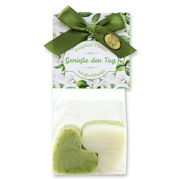 Sheep milk soap heart 4x23g in a cellophane "Genieße den Tag", Classic/Verbena 