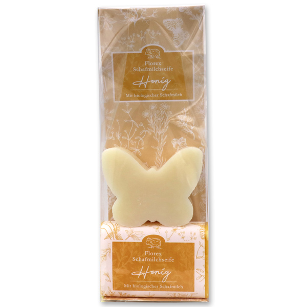 Sheepmilk soap packed with florentine-sleeve in a cellophane bag, butterfly 76g classic and 100g honey 