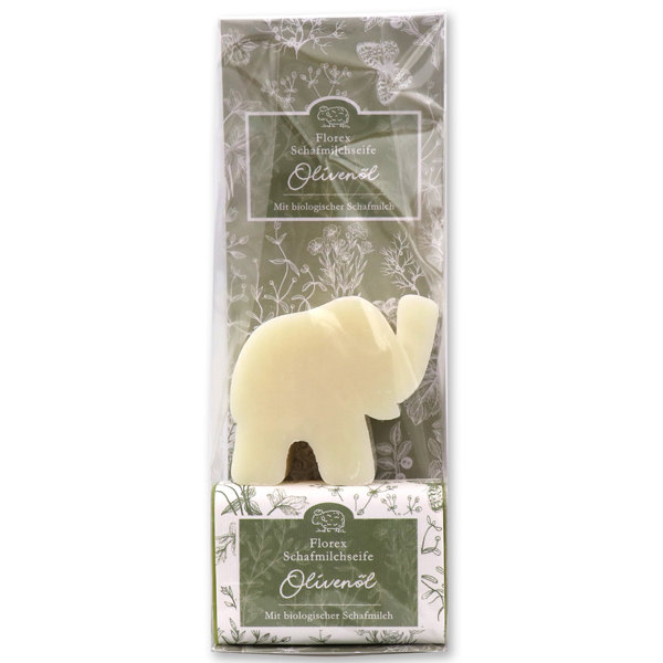 Sheepmilk soap packed with florentine-sleeve in a cellophane bag, elephant 80g classic and 100g olive oil 