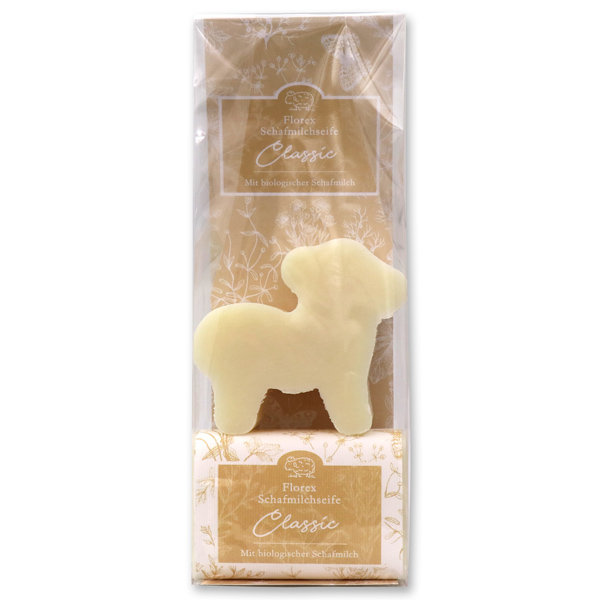 Sheepmilk soap packed with florentine-sleeve in a cellophane bag, sheep 78g classic and 100g classic 