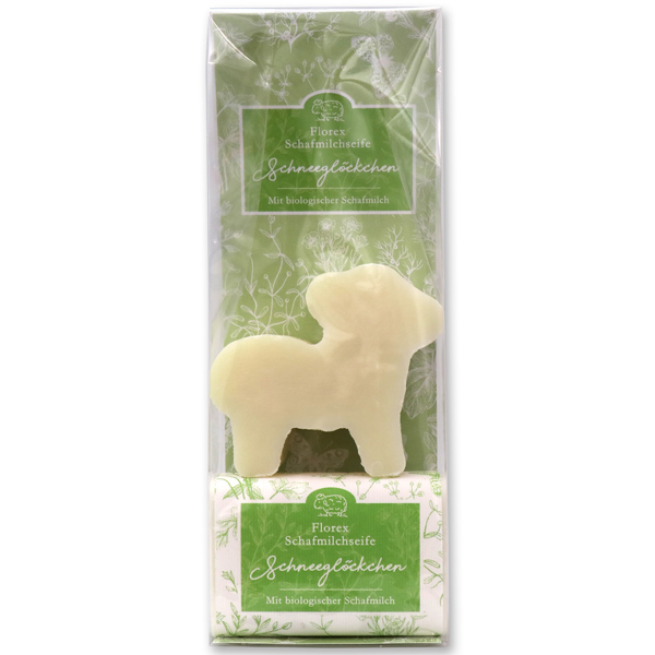 Sheepmilk soap packed with florentine-sleeve in a cellophane bag, sheep 78g classic and 100g snowdrop 