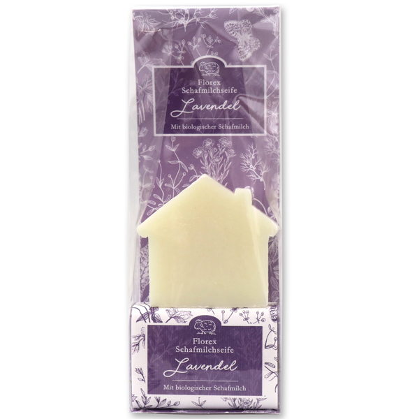 Sheepmilk soap packed with florentine-sleeve in a cellophane bag, house 94g classic and 100g lavender 