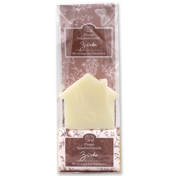 Sheepmilk soap packed with florentine-sleeve in a cellophane bag, house 94g classic and 100g swiss pine 