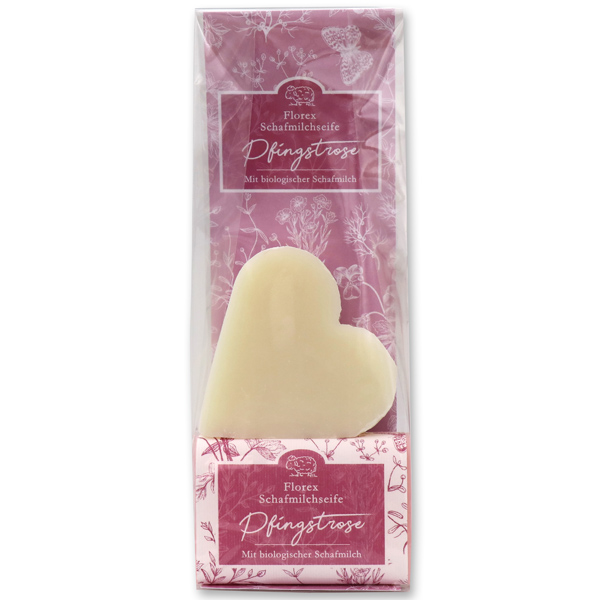 Sheepmilk soap packed with florentine-sleeve in a cellophane bag, heart 85g classic and 100g peony 