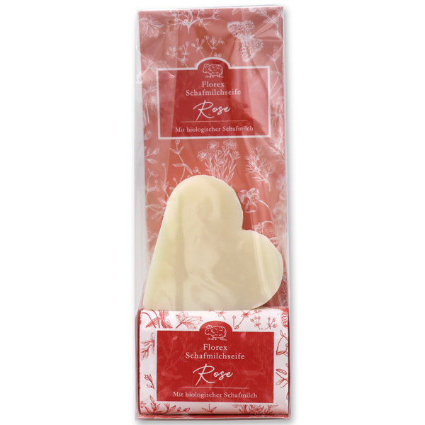 Sheepmilk soap packed with florentine-sleeve in a cellophane bag, heart 85g classic and 100g rose red 