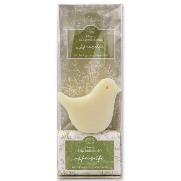 Sheepmilk soap packed with florentine-sleeve in a cellophane bag, bird 70g classic and 100g hay 