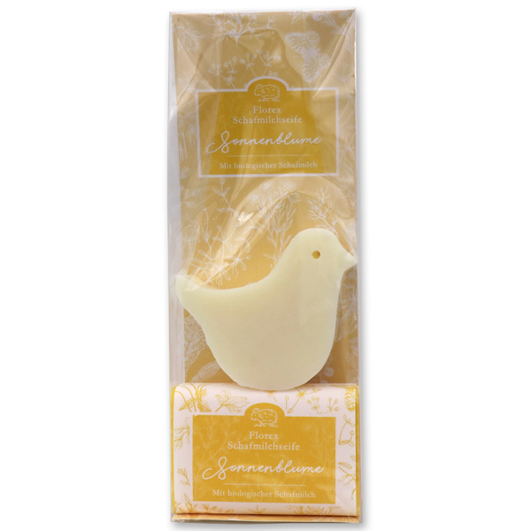 Sheepmilk soap packed with florentine-sleeve in a cellophane bag, bird 70g classic and 100g sunflower 