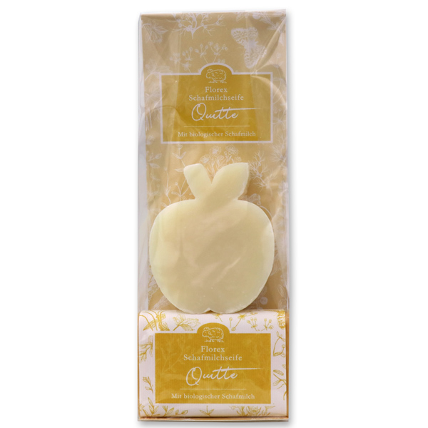 Sheepmilk soap packed with florentine-sleeve in a cellophane bag, apple 96g classic and 100g quince 