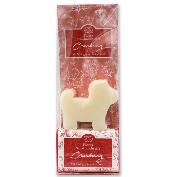 Sheepmilk soap packed with florentine-sleeve in a cellophane bag, dog 72g classic and 100g cranberry 