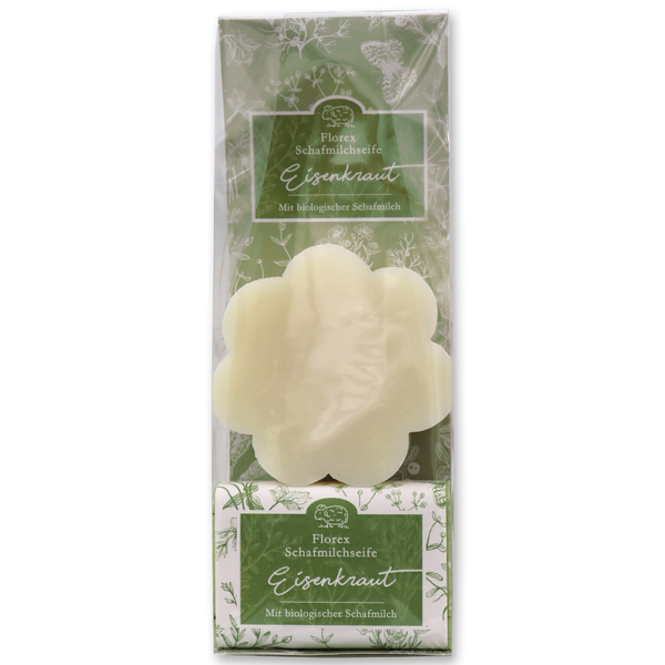 Sheepmilk soap packed with florentine-sleeve in a cellophane bag, flower 115g classic and 100g verbena 