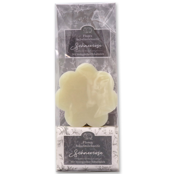 Sheepmilk soap packed with florentine-sleeve in a cellophane bag, flower 115g classic and 100g christmas rose white 