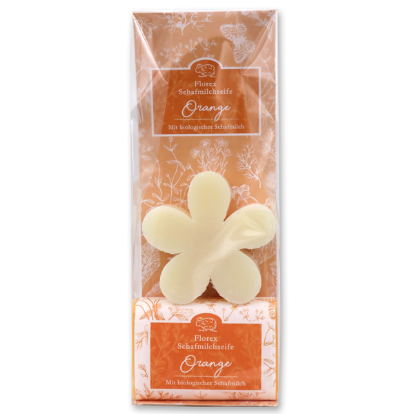 Sheepmilk soap packed with florentine-sleeve in a cellophane bag, flower 78g classic and 100g orange 