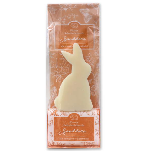 Sheep milk soap packed with florentine-sleeve in a cellophane bag, rabbit 80g classic and 100g Sea buckthorn 