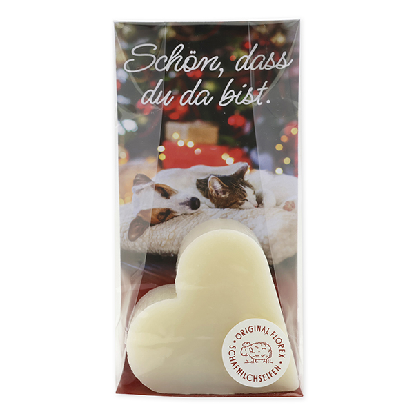 Sheep milk soap heart 85g in a cellophane "Schön, dass du da bist", Classic 