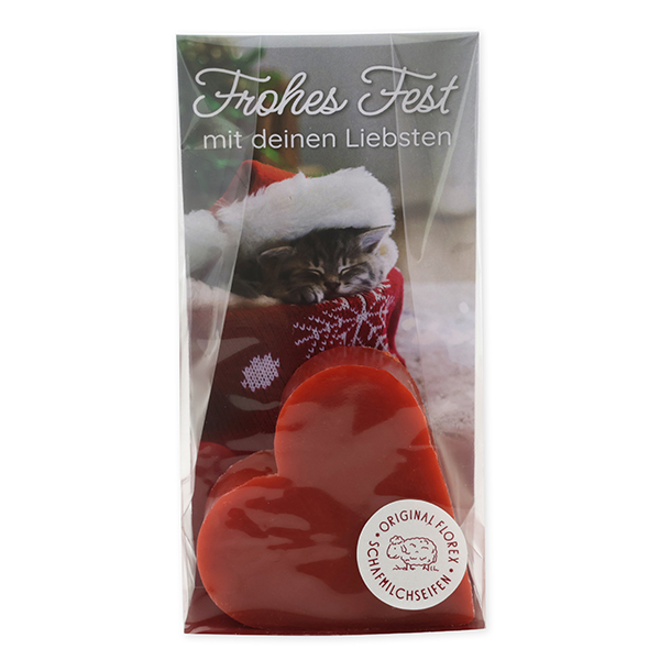 Schafmilchseife Herz 85g in Cello "Frohes Fest mit deinen Liebsten", Granatapfel 