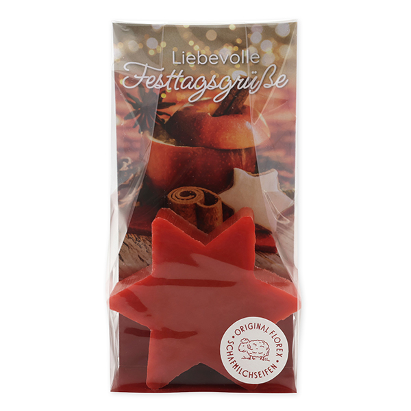 Schafmilchseife Stern 80g in Cello "Liebevolle Festtagsgrüße", Granatapfel 
